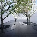 Modern Garden Landscape With Curved Paved Pathway Green Trees And White Walls