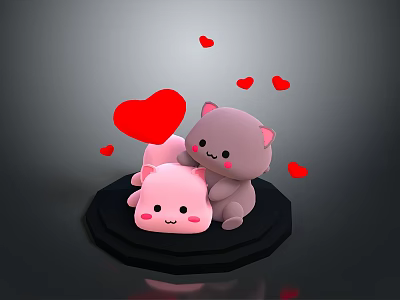 Cute Pink And Gray Cartoon Creatures Playing Together With Red Hearts On Black Circular Base 3d model