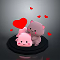Cute Pink And Gray Cartoon Creatures Playing Together With Red Hearts On Black Circular Base