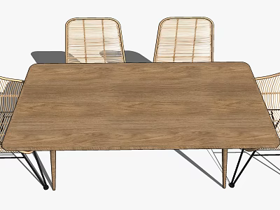 Modern Wooden Dining Table Set With Four Rattan Chairs And Metal Legs 3d model