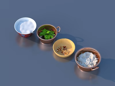 Various Cooking Ingredients in Bowls Including White Powder Green Herbs and Brown Granules 3d model