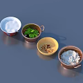Various Cooking Ingredients in Bowls Including White Powder Green Herbs and Brown Granules