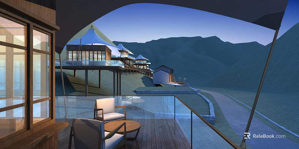 Mountain Glamping Resort Tent Style Buildings Surrounded By Hills With Wooden Terrace And Outdoor Seating 3d model 