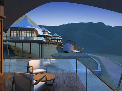 Mountain Glamping Resort Tent Style Buildings Surrounded By Hills With Wooden Terrace And Outdoor Seating 3d model