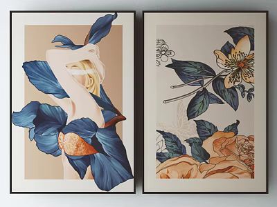 Two Framed Decorative Wall Art With Blue Leaves Floral Elements Orange Accents And Figure 3d model