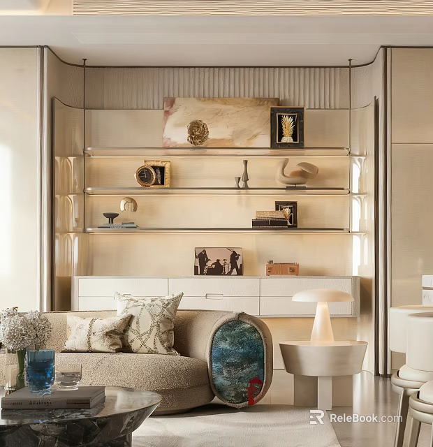 Stylish Modern Living Room Decorative Cabinet With Glass Shelves Sculptures Frames And Books 3d model 