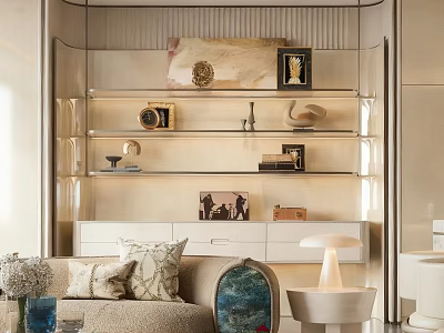 Stylish Modern Living Room Decorative Cabinet With Glass Shelves Sculptures Frames And Books 3d model