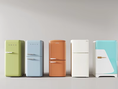 Stylish Colorful Retro Refrigerators in Green Blue Orange White and Turquoise 3d model