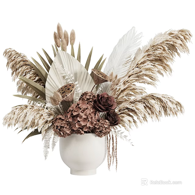 White Vase With Dried Flowers Arrangement Including Hydrangea Roses Pampas Grass And Palm Leaves 3d model 