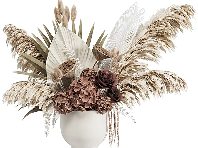 White Vase With Dried Flowers Arrangement Including Hydrangea Roses Pampas Grass And Palm Leaves 3d model