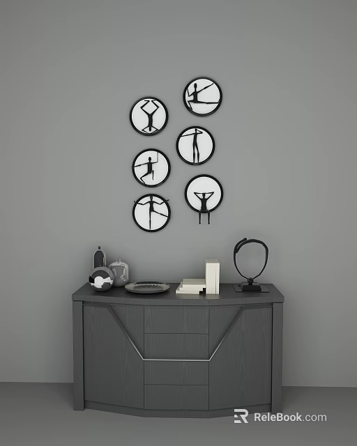 Gray Entryway Side Cabinet with Table Lamp Books Plate and Round Wall Art Silhouettes 3d model 