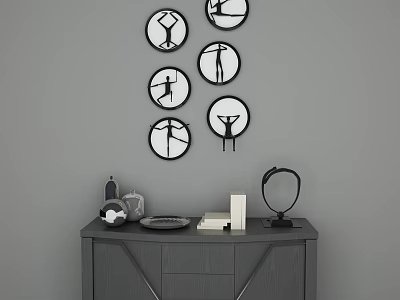 Gray Entryway Side Cabinet with Table Lamp Books Plate and Round Wall Art Silhouettes 3d model