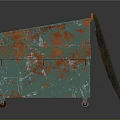 Rusted Green Metal Dumpster Featuring Worn Surface And Rolling Wheels