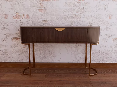 Modern Entryway Console Table Brown Wooden With Golden Handle And Brass Legs Against Textured Wall 3d model