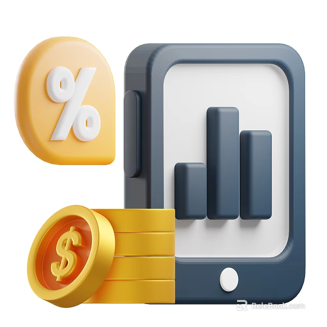 Modern Decorative Ornament Set with Percentage Symbol Bar Chart and Gold Coins 3d model 