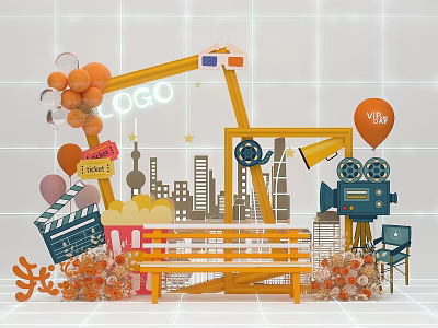 Popular Photo Spot With Orange Balloons Clapperboard Popcorn And City Skyline Silhouette 3d model