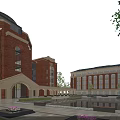 Red Brick School Building With Dome Arched Entrance Courtyard Pool Green Plants And Trees