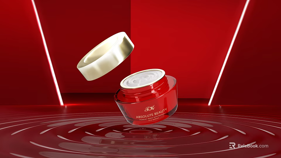 Luxury Red Cosmetic Jar With Gold Lid And Beauty Label On Shiny Wavy Surface 3d model 