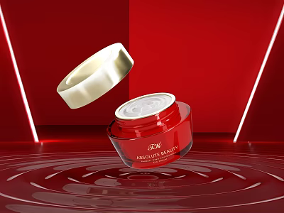 Luxury Red Cosmetic Jar With Gold Lid And Beauty Label On Shiny Wavy Surface 3d model