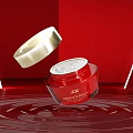 Luxury Red Cosmetic Jar With Gold Lid And Beauty Label On Shiny Wavy Surface