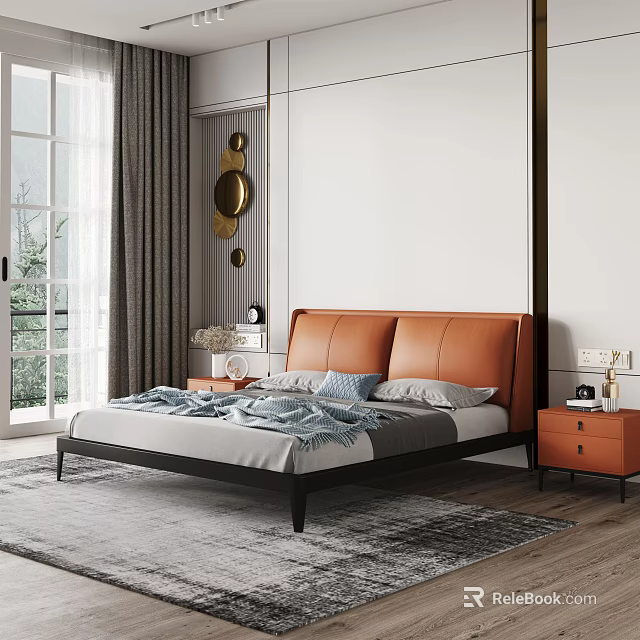 Modern Double Bed with Orange Leather Headboard Black Frame and Gray Blue Bedding 3d model