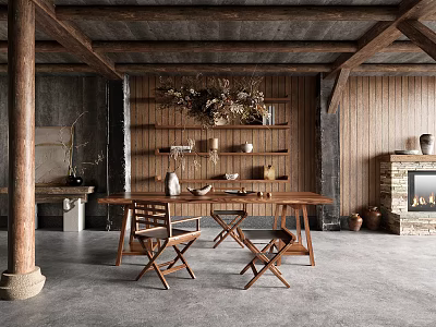 Rustic Restaurant Interior With Wooden Tables Hanging Lights Bookshelves And Fireplace 3d model