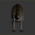 Realistic Horned Striped Dinosaur With Long Neck And Tail Standing On Gray Background