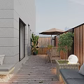 Modern Terrace Garden Landscape With Wooden Deck Gray Sofas Umbrella Table Chairs And Green Plants