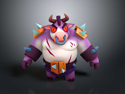 Mythical Cow Game Character With Purple White Body Red Eyes Horns Spikes And Decorative Armor 3d model