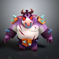 Mythical Cow Game Character With Purple White Body Red Eyes Horns Spikes And Decorative Armor