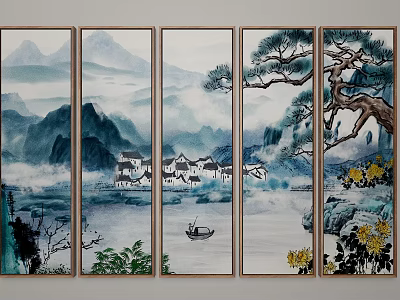 Traditional Chinese Ink Landscape Painting Featuring Mountains Boats Houses And Pine Trees 3d model