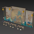 Traditional Chinese Interactive Area With Landscape Screen And Hanging Lanterns 3d model