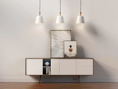 Modern TV Stand With Drawers And Cabinet Doors Under Pendant Lights And Decorative Paintings 3d model