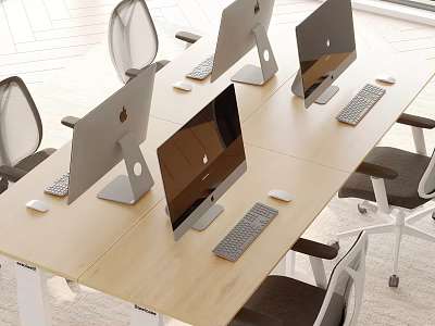 Bright Modern Office Desk Setup With Multiple Computer Monitors Keyboards Mice And Mesh Back Chairs 3d model