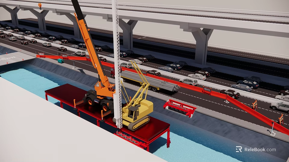Construction Site Steel Platform With Crane For Bridge Support Structures 3d model