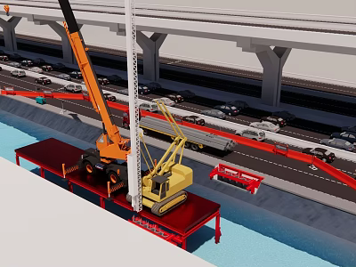 Construction Site Steel Platform With Crane For Bridge Support Structures 3d model