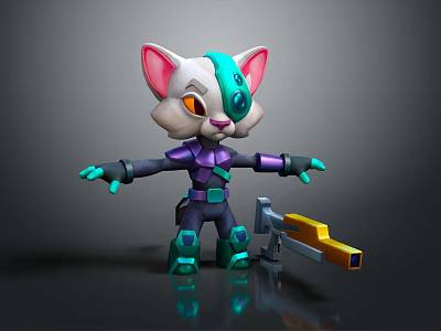 Mechanical Cat Character With Cybernetic Eye And Purple Blue Armor Holding Yellow Tool 3d model
