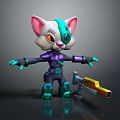 Mechanical Cat Character With Cybernetic Eye And Purple Blue Armor Holding Yellow Tool