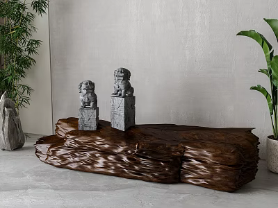 Stone Lion Sculptures On Wooden Base With Gray Wall And Green Plants 3d model