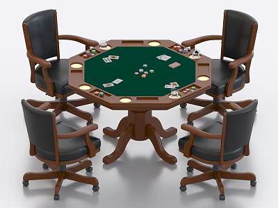 Round Poker Table with Green Felt Top Black Leather Swivel Chairs and Poker Chips 3d model