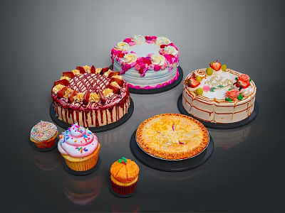 Assorted Desserts Display Featuring Decorated Cakes Pie and Cupcakes with Fruits Cream and Frosting 3d model