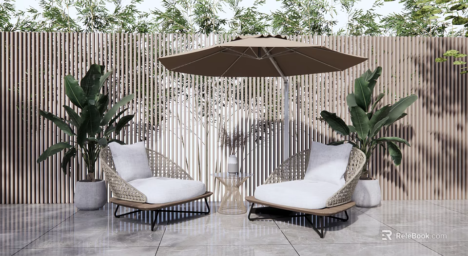 Outdoor Rattan Sofas with White Cushions Under Beige Umbrella and Green Plants on Tiled Patio 3d model 