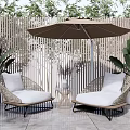Outdoor Rattan Sofas with White Cushions Under Beige Umbrella and Green Plants on Tiled Patio