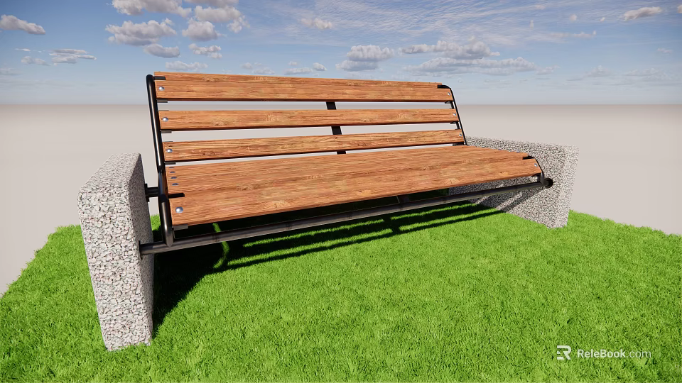 Wooden Landscape Bench With Metal Frame And Concrete Base On Green Grass 3d model 