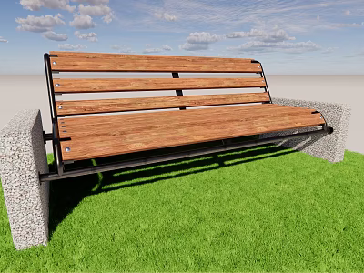 Wooden Landscape Bench With Metal Frame And Concrete Base On Green Grass 3d model