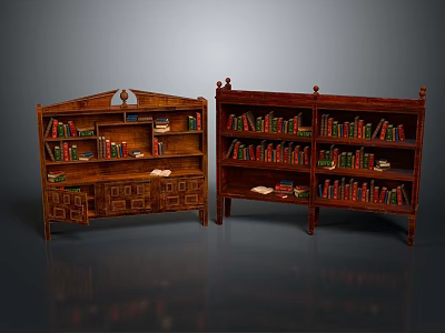 Antique Wooden Bookcases With Ornate Carved Details Filled With Books And Storage Cabinets 3d model