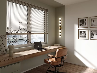 Modern Study Room Home Office Featuring Wooden Desk Laptop Leather Chair And Framed Wall Art 3d model