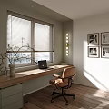 Modern Study Room Home Office Featuring Wooden Desk Laptop Leather Chair And Framed Wall Art