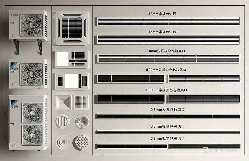 Different Sizes Of Single Layer Air Conditioner Air Outlets With Grille Designs 3d model 