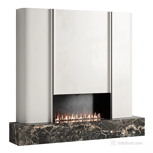 Modern White Fireplace Interior Design With Marble Base And Burning Flames 3d model